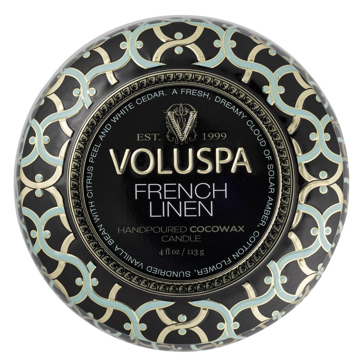 Voluspa maža žvakė metale French Linen, 4 nuotrauka