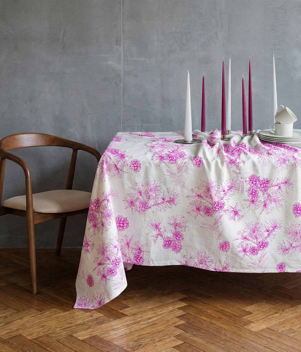 Lininė staltiesė Pine Cyclamen (balta, ciklameno), 3 nuotrauka