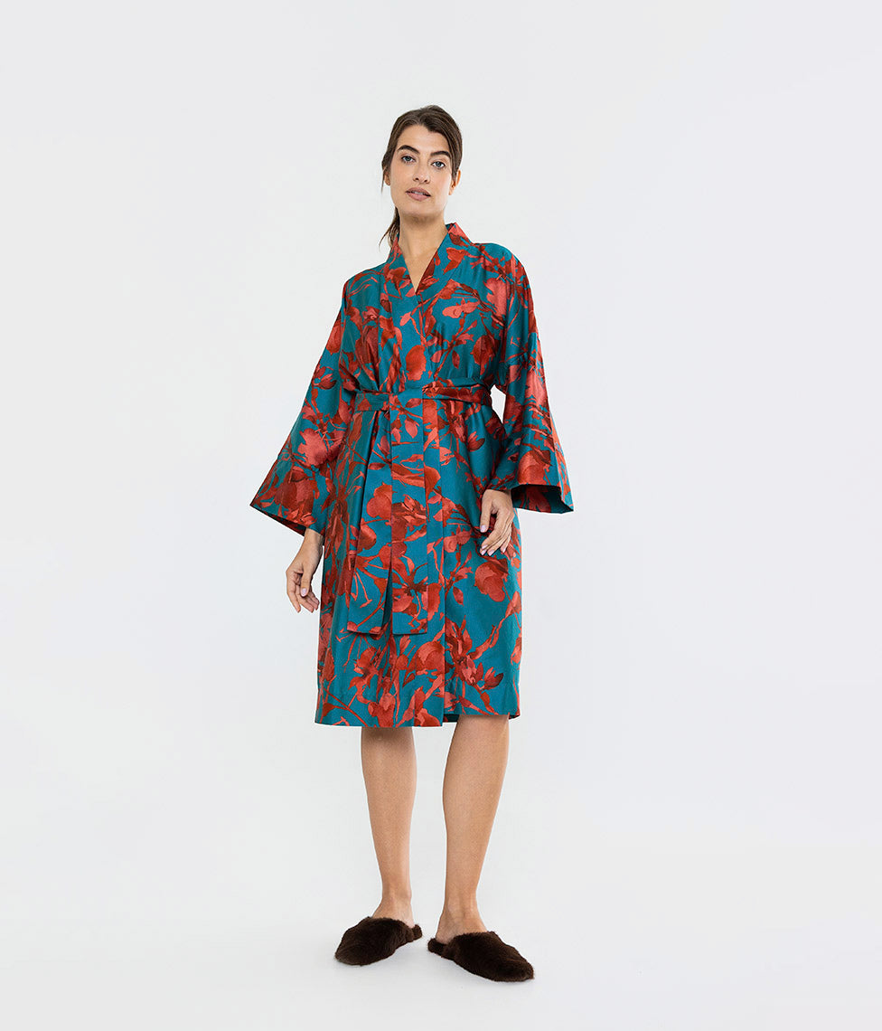 Satino chalatas kimono Rainbow Blue (marga, mėlyna)