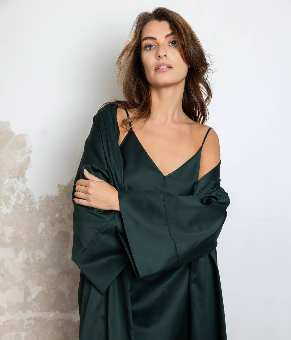Satino chalatas kimono Solid Royal Green (žalia), 2 nuotrauka