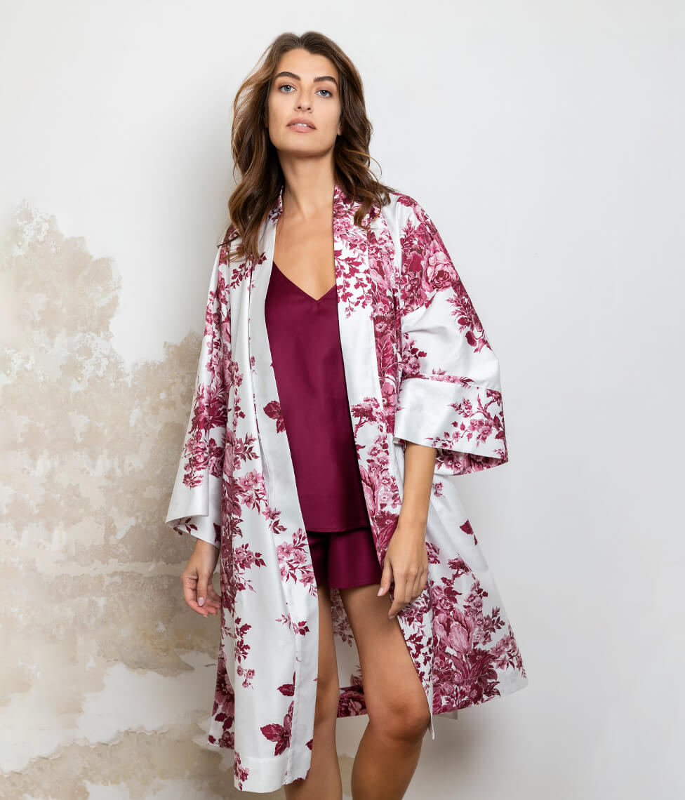 Satino chalatas kimono Eternal Rose Burgundy (balta, burgundiška)