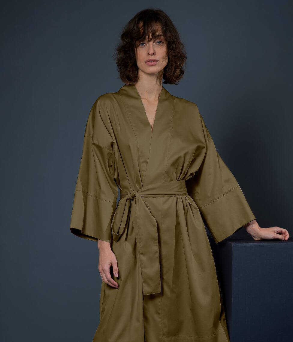 Satino chalatas kimono Solid Olive (alyvuogių žalia), 2 nuotrauka