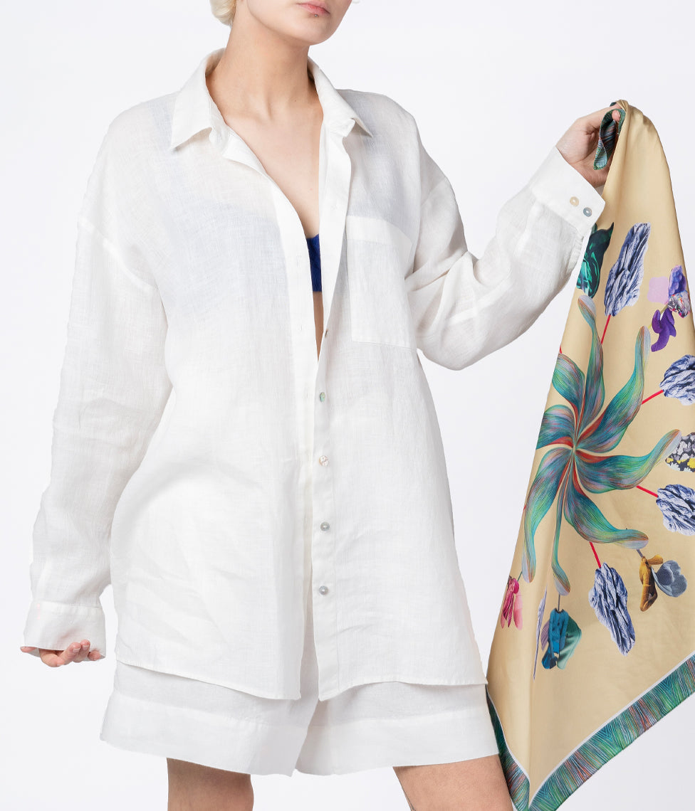 Lininiai marškiniai OVERSIZE UNISEX Milky White (pieniškai balta)
