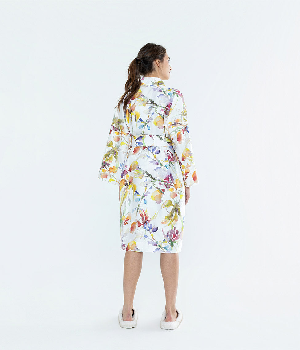 Satino chalatas kimono Rainbow White (balta, marga), 6 nuotrauka