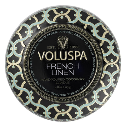 Voluspa maža žvakė metale French Linen, 4 nuotrauka