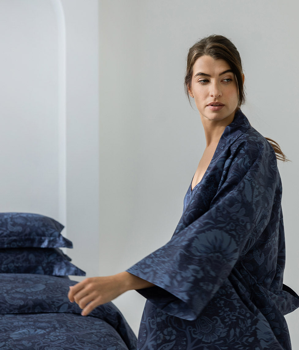 Satino chalatas kimono Boho Indigo, 2 nuotrauka
