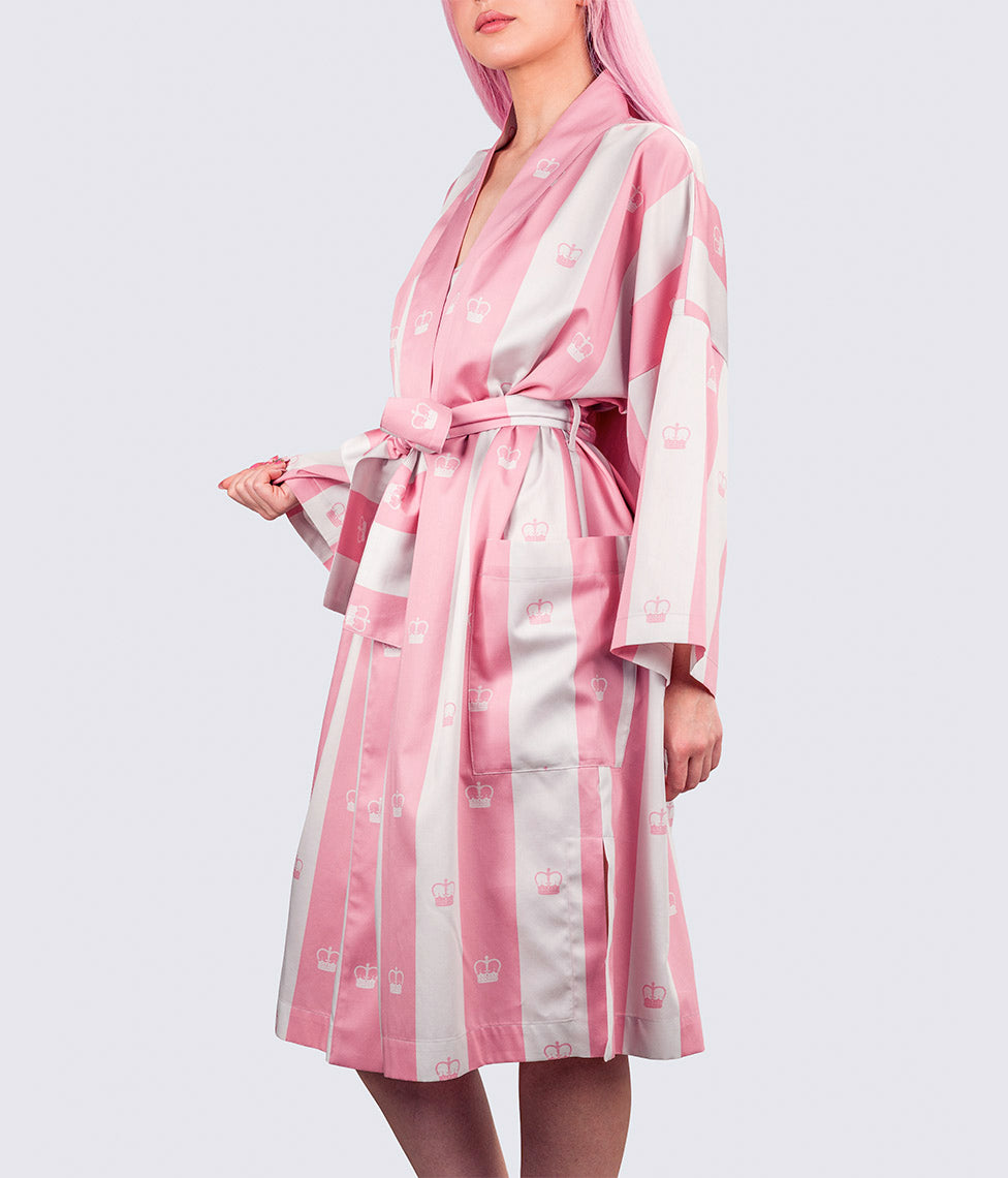Satino chalatas kimono su maišeliu Slapta Meilė Jūsų Didenybei Pink (balta, rausva)