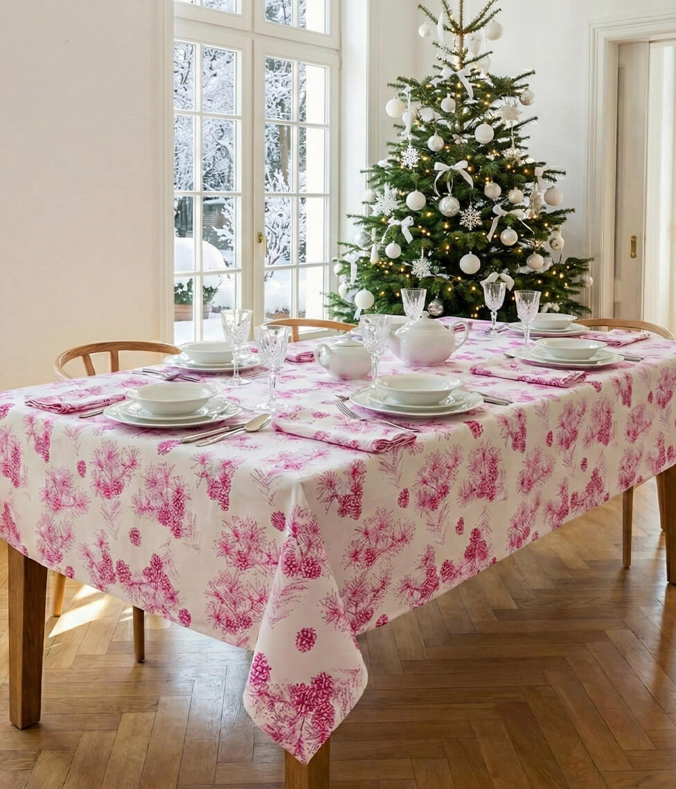 Lininė staltiesė Pine Cyclamen (balta, ciklameno), 4 nuotrauka