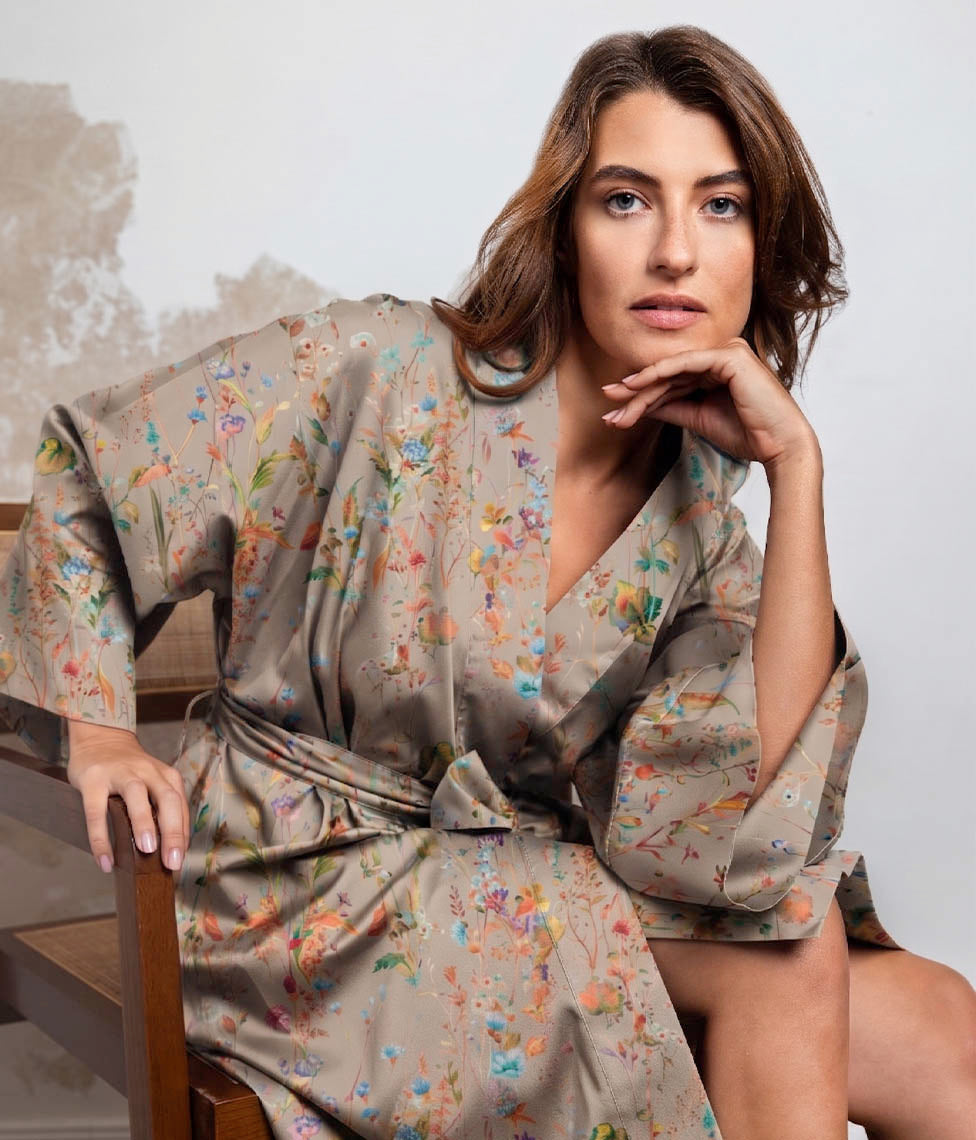 Satino chalatas kimono Summer Life Almond