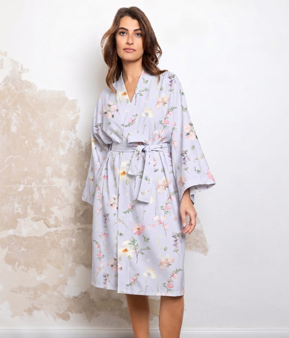 Satino chalatas kimono Whisper Sky (marga, melsva)