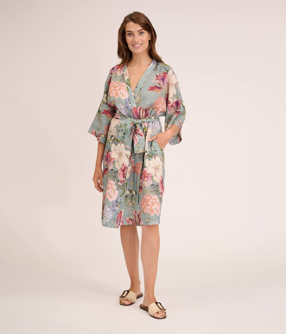 Lininis chalatas kimono Garden Emerald (žalia)