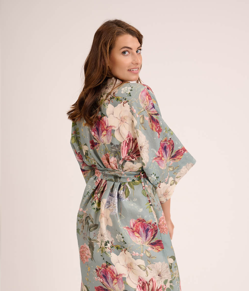 Lininis chalatas kimono Garden Emerald (žalia), 2 nuotrauka