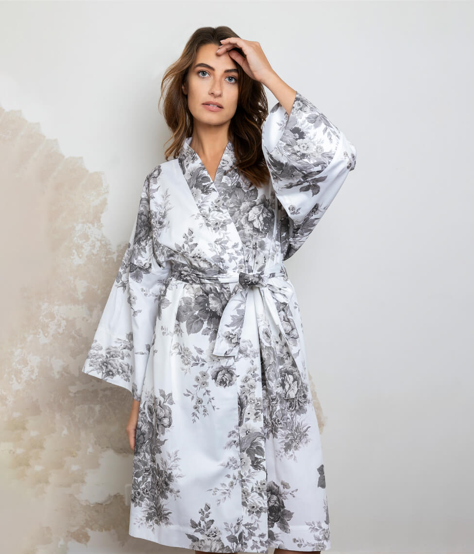 Satino chalatas kimono Eternal Rose Beige (balta, smėlio)