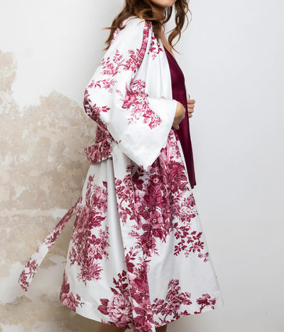 Satino chalatas kimono Eternal Rose Burgundy (balta, burgundiška), 2 nuotrauka