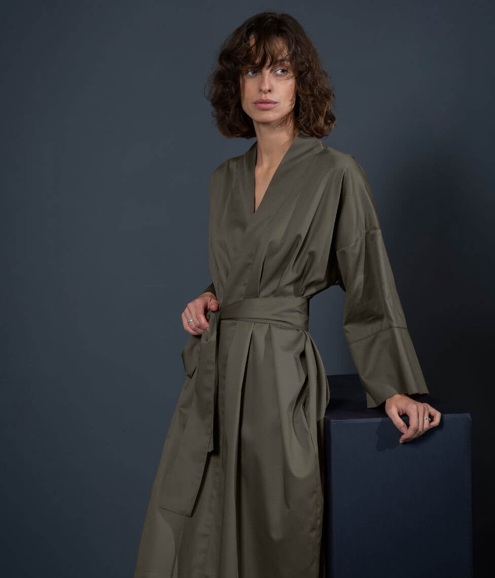 Satino chalatas kimono Solid Khaki (chaki), 2 nuotrauka