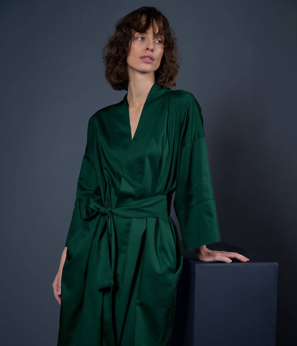 Satino chalatas kimono Solid Royal Green (žalia), 3 nuotrauka