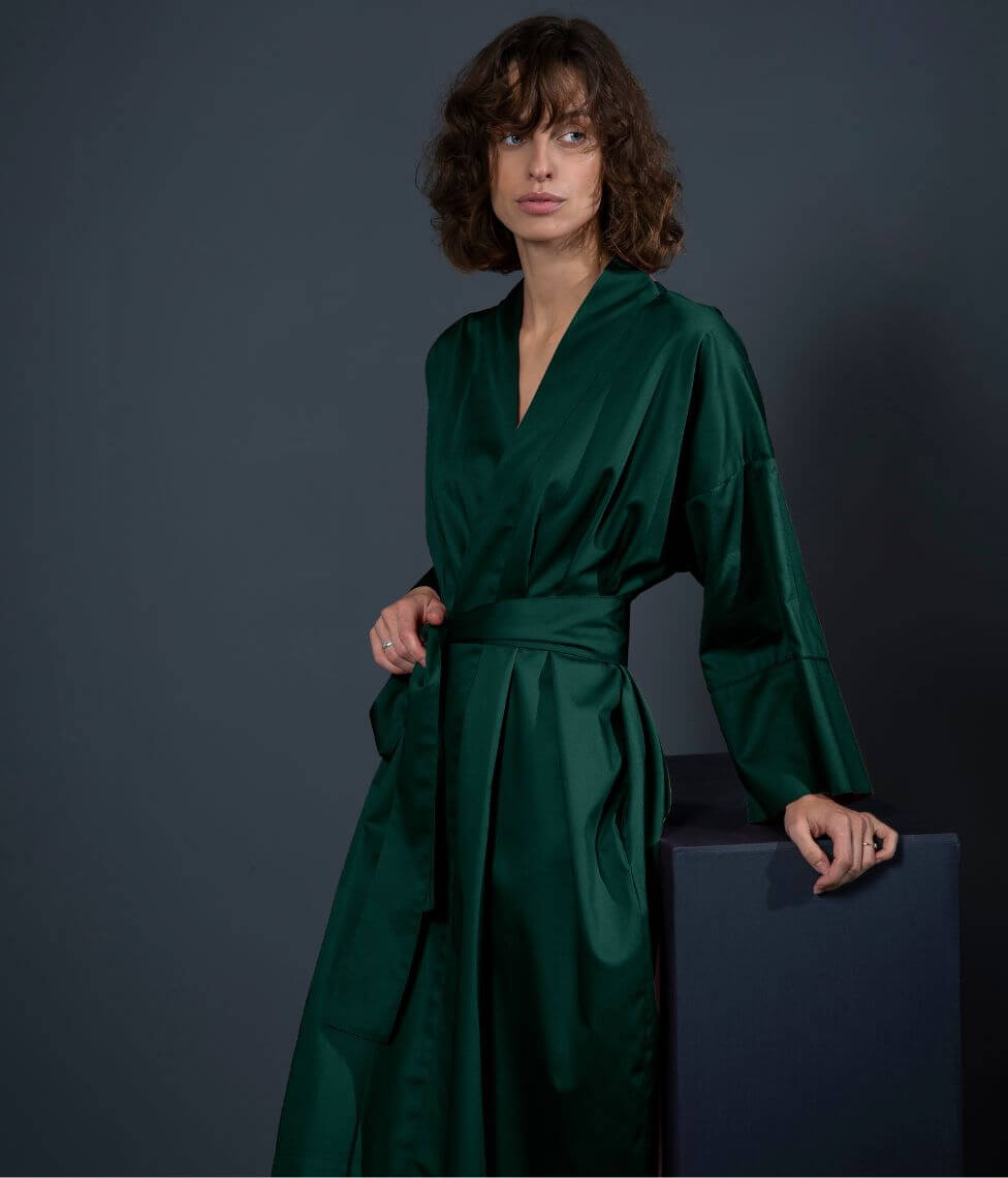 Satino chalatas kimono Solid Royal Green (žalia), 4 nuotrauka