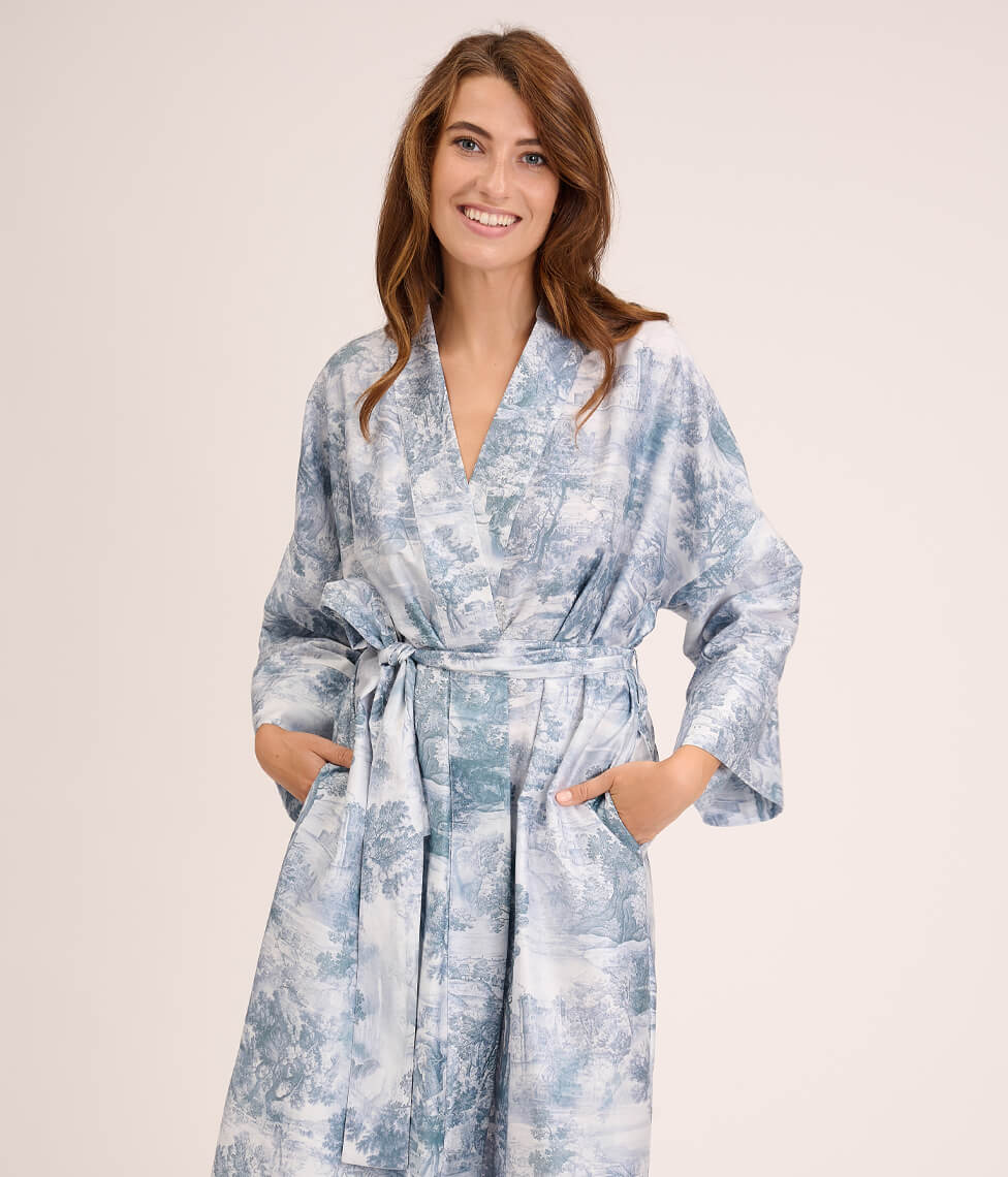 Satino chalatas kimono Toile Blue (mėlyna)