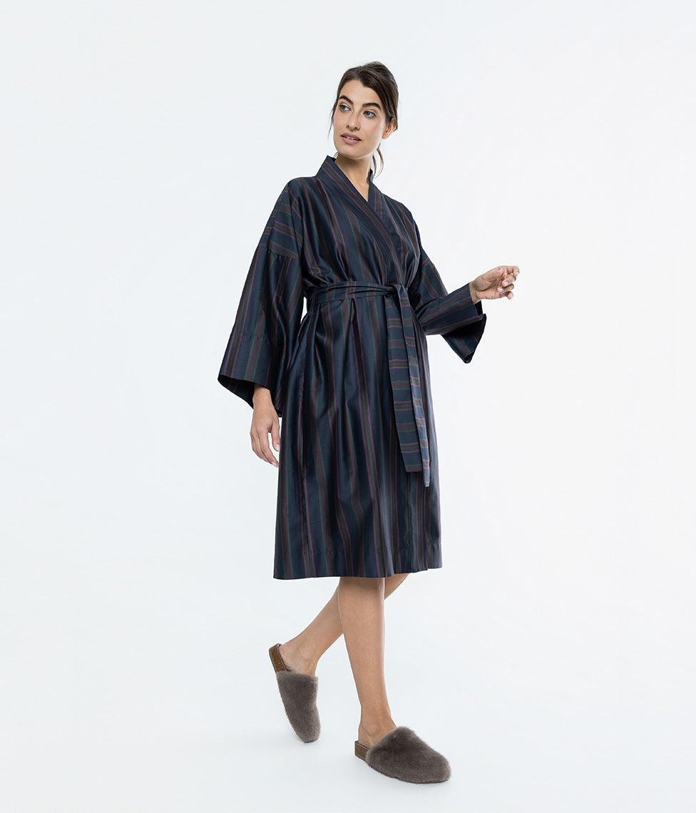 Satino chalatas kimono Etno Baltic (marga, tamsiai mėlyna), 4 nuotrauka