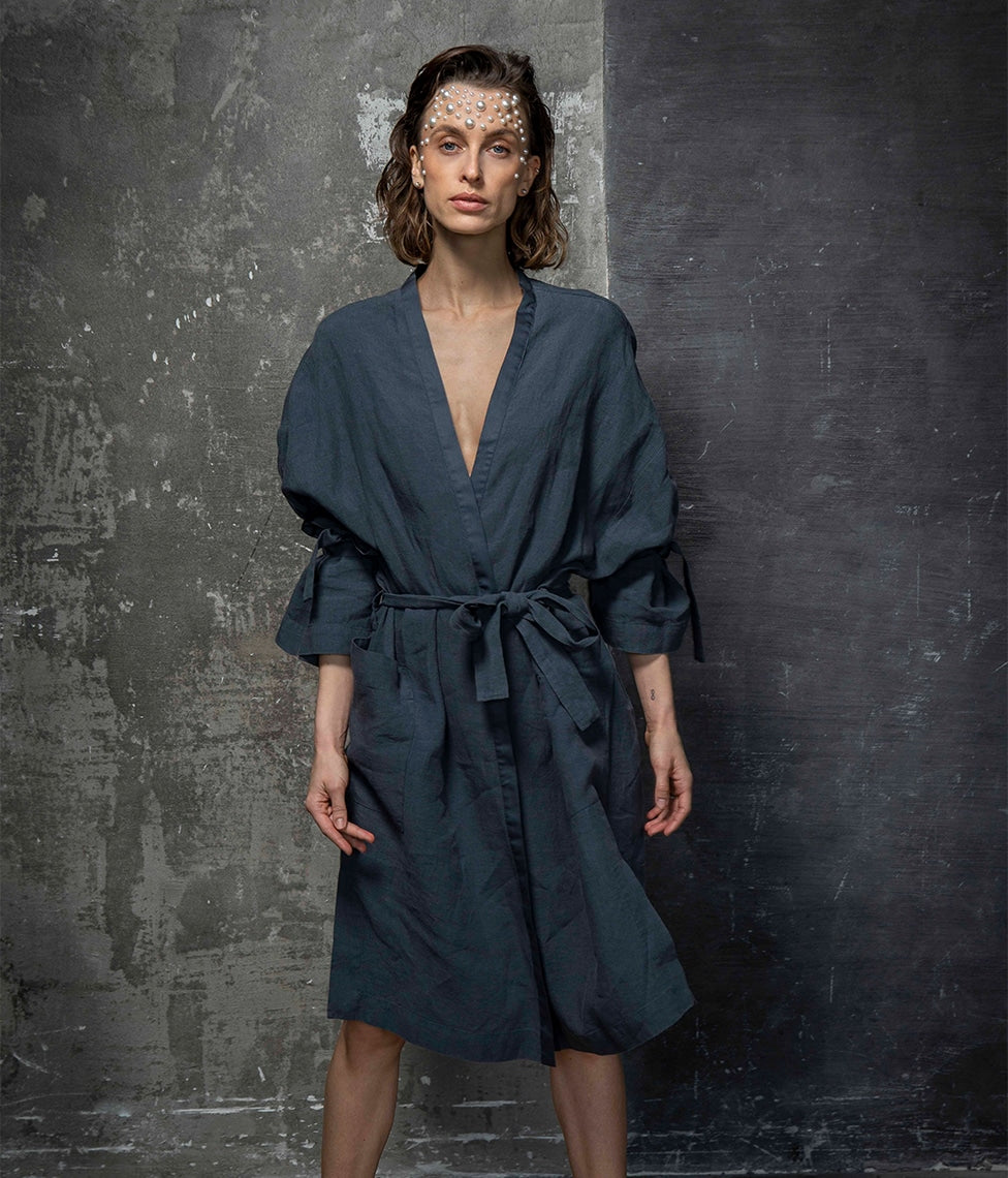 Lininis chalatas Barbora Anthracite (antracito), 7 nuotrauka