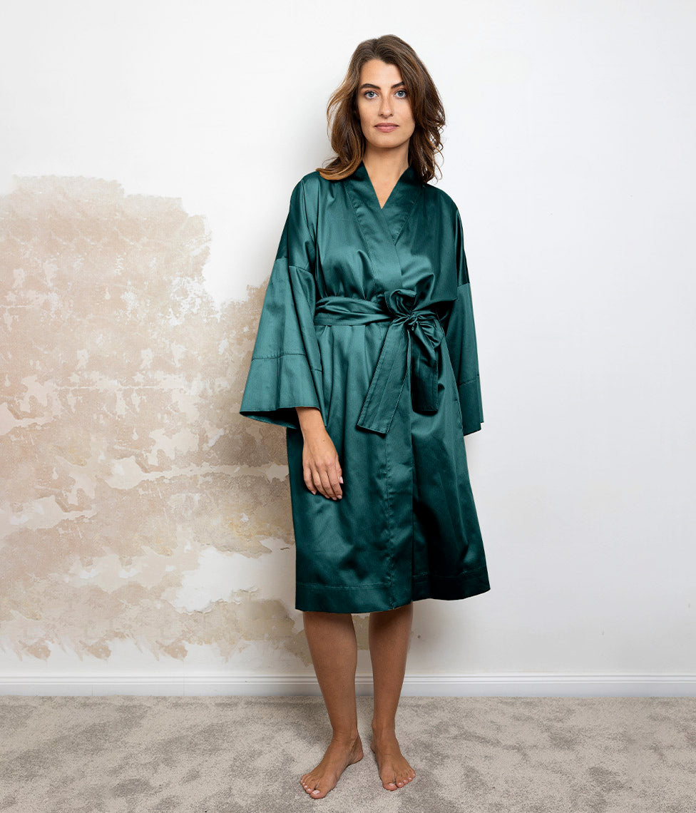 Satino chalatas kimono Solid Teal (žalsvai mėlyna)