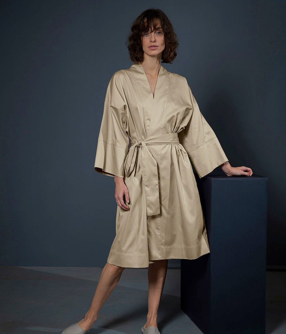 Satino chalatas kimono Solid Sand (smėlio), 2 nuotrauka