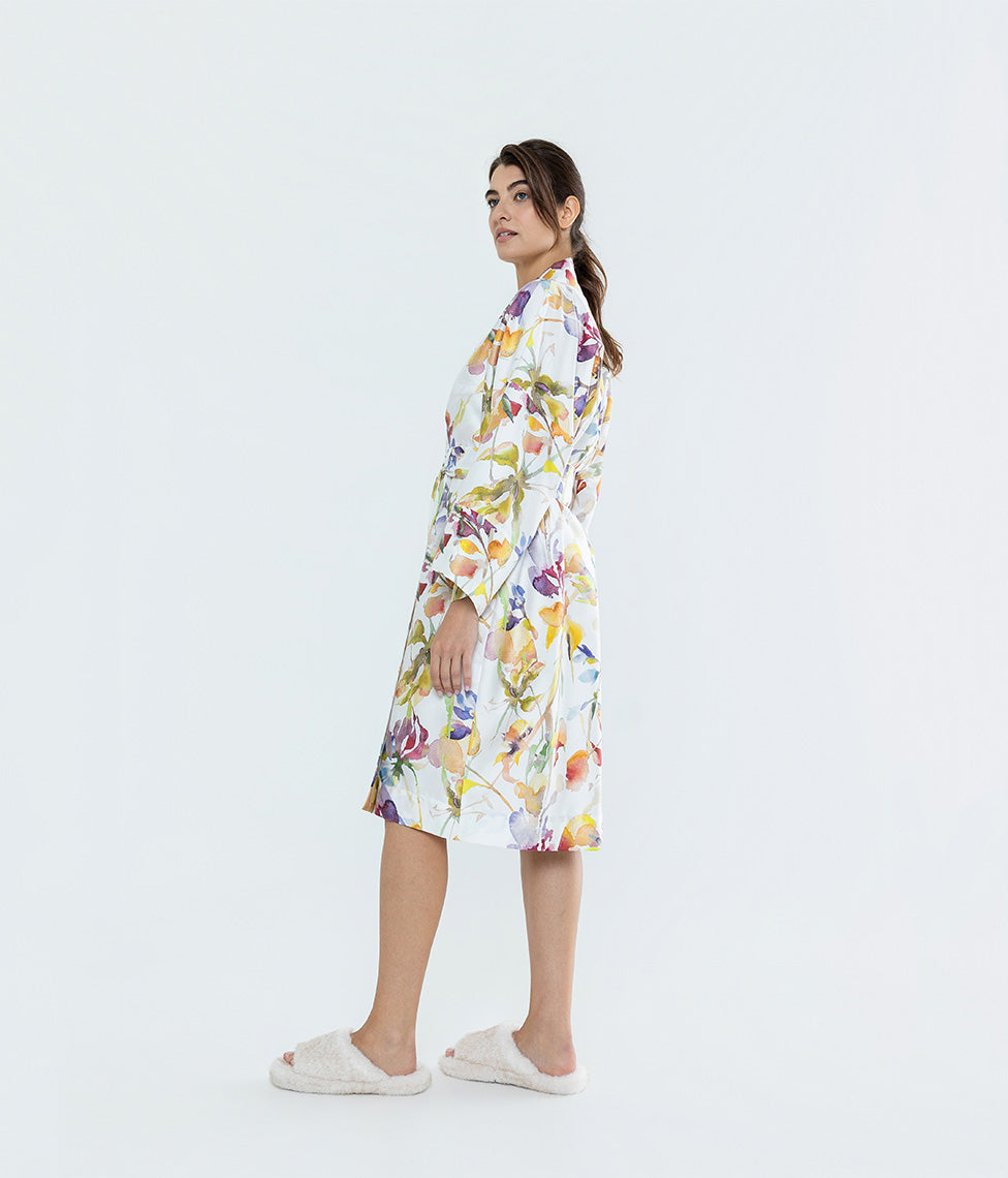 Satino chalatas kimono Rainbow White (balta, marga), 7 nuotrauka