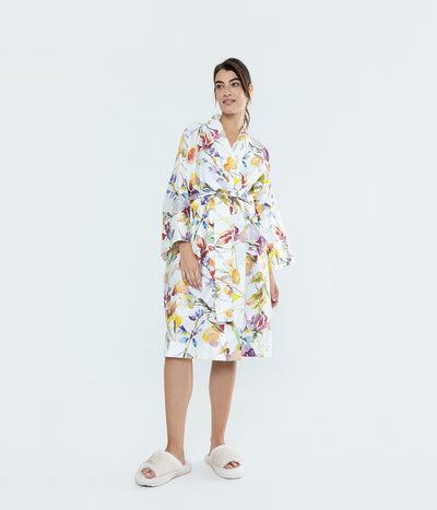 Satino chalatas kimono Rainbow White (balta, marga), 2 nuotrauka