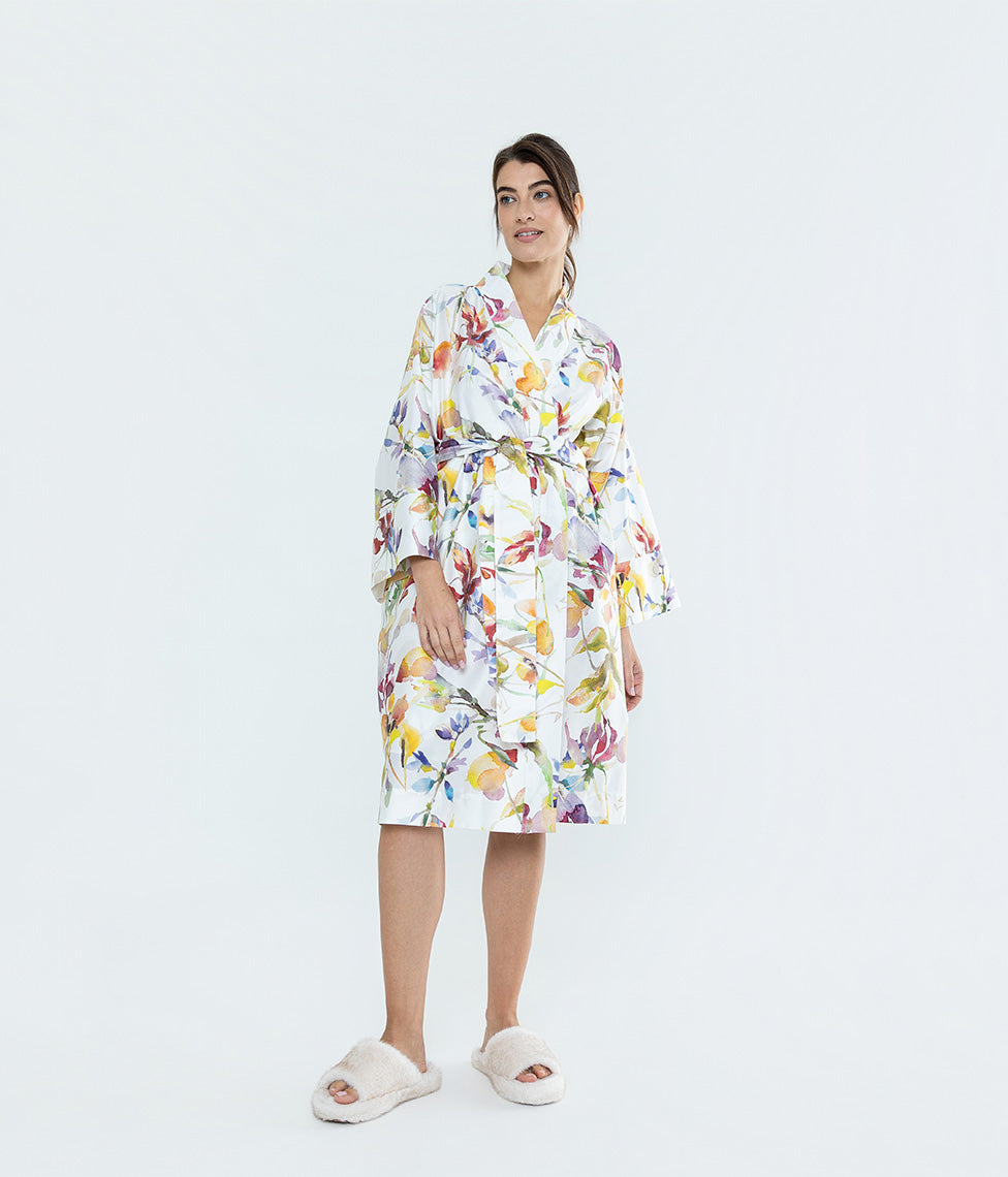 Satino chalatas kimono Rainbow White (balta, marga), 2 nuotrauka