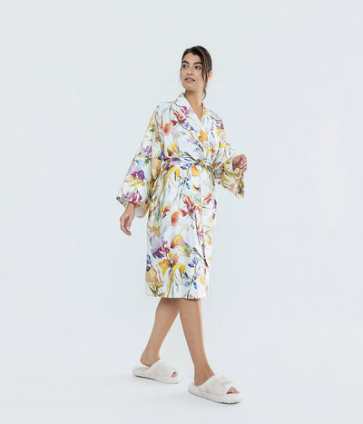 Satino chalatas kimono Rainbow White (balta, marga), 5 nuotrauka
